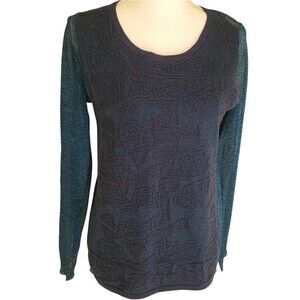 margaret o'leary textured long sheer sleeve black + blue metallic top size M